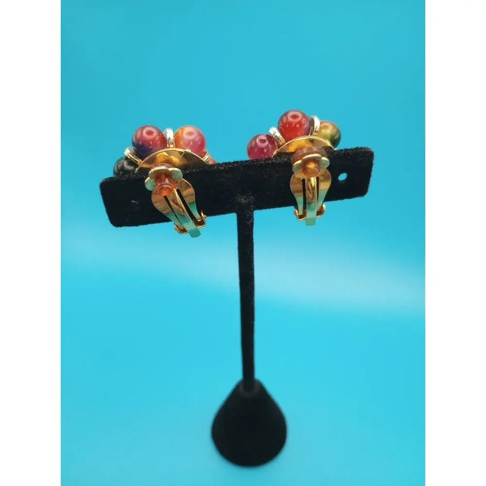 Round Cluster Ball Clip On Earrings Gold Tone Multi Color Plastic Resin